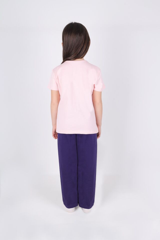 Kız Çocuk Pamuklu Kısa Kollu Baskılı Pijama Takımı Pembe - Mavi - 7-8 Yaş