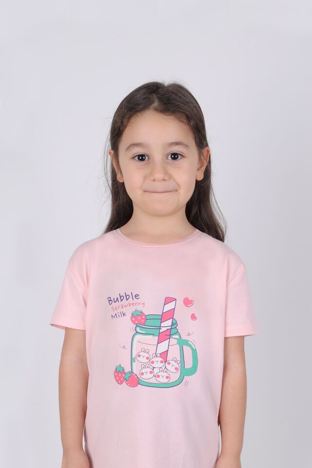 Kız Çocuk Pamuklu Kısa Kollu Baskılı Pijama Takımı Pembe - Mavi - 7-8 Yaş