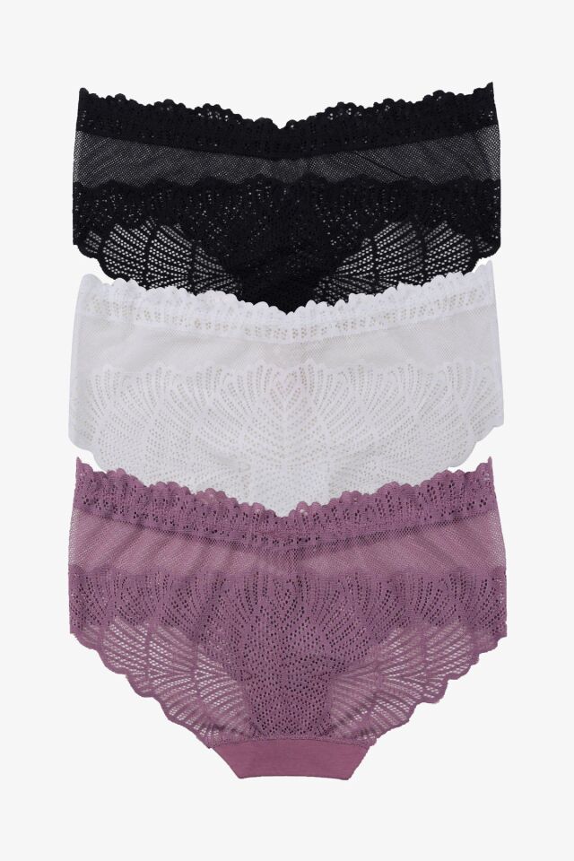 Kadın 3'lü Dantelli Külot Siyahbeyazgkurusu - M