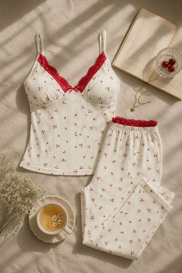 Kadın Pamuklu Kaplı Askılı Dantelli Pijama Takımı Kırmızı -   Ekru - S