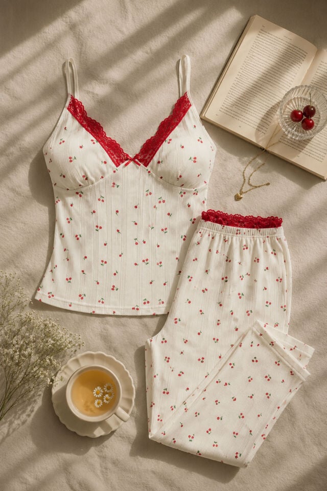 Kadın Pamuklu Kaplı Askılı Dantelli Pijama Takımı Kırmızı -   Ekru - S