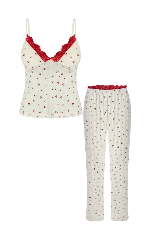 Kadın Pamuklu Kaplı Askılı Dantelli Pijama Takımı Kırmızı -   Ekru - S