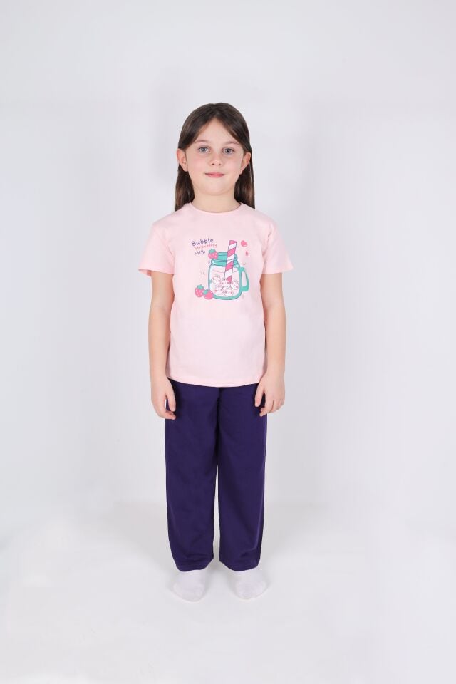 Kız Çocuk Pamuklu Kısa Kollu Baskılı Pijama Takımı Pembe - Mavi - 9-10 Yaş