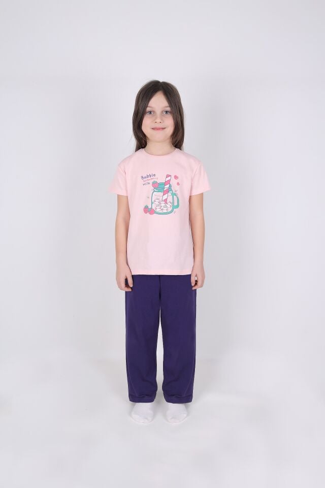 Kız Çocuk Pamuklu Kısa Kollu Baskılı Pijama Takımı Pembe - Mavi - 9-10 Yaş