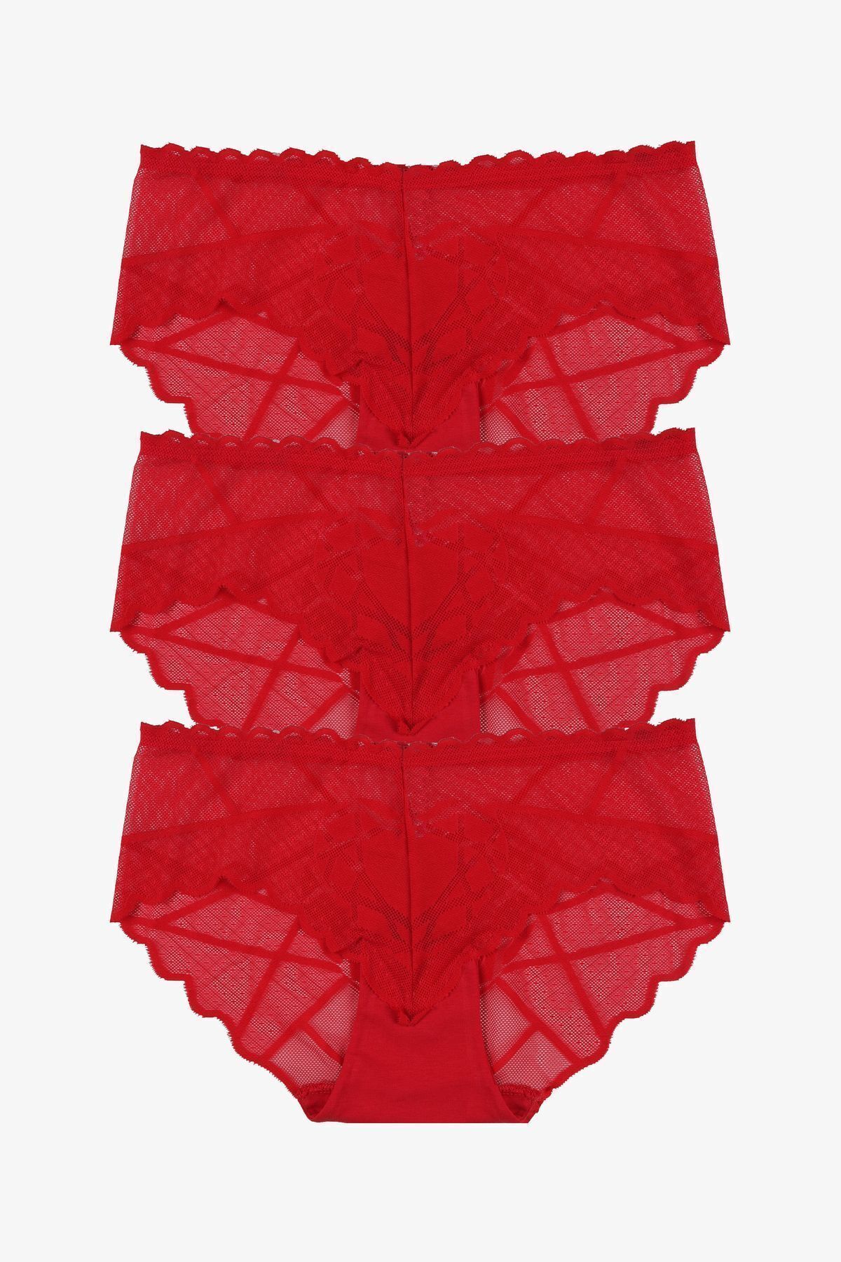 Sevgililer Günü Temalı Kadın 3'lü Kalp Detaylı Dantelli Külot KırmızıKırmızıKırmızı - S/M