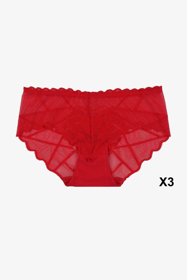 Sevgililer Günü Temalı Kadın 3'lü Kalp Detaylı Dantelli Külot KırmızıKırmızıKırmızı - S/M