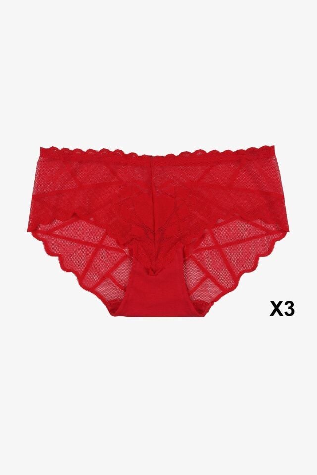 Sevgililer Günü Temalı Kadın 3'lü Kalp Detaylı Dantelli Külot KırmızıKırmızıKırmızı - S/M