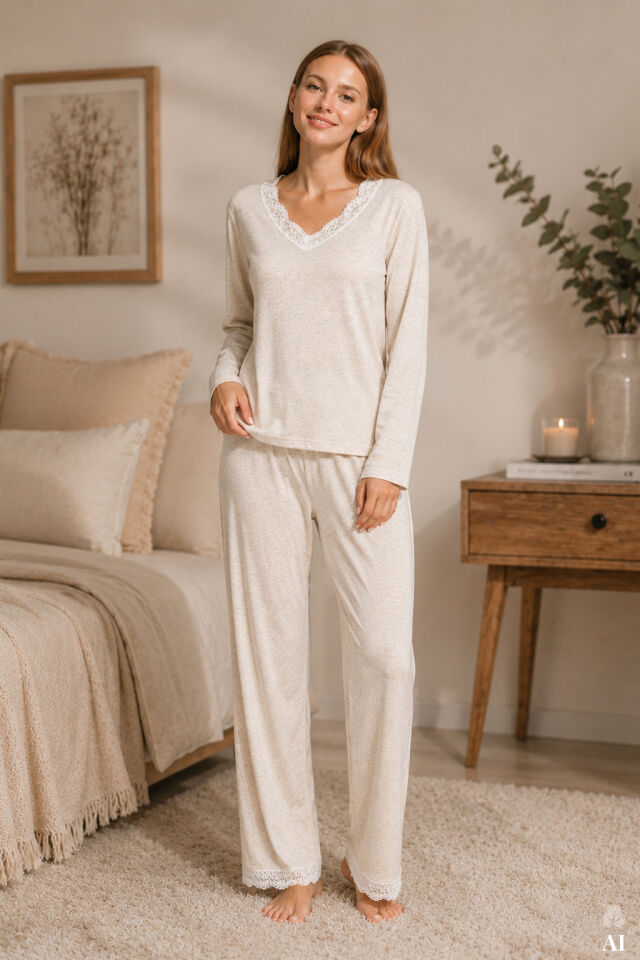 Kadın V Yaka ve Paça Dantel Detaylı Uzun Kollu Pijama Takımı Bej - Ekru - XL