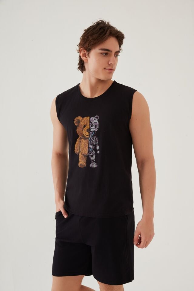 Erkek Pamuklu Sıfır Kollu Baskı Detaylı Şortlu Pijama Takımı Siyah - S