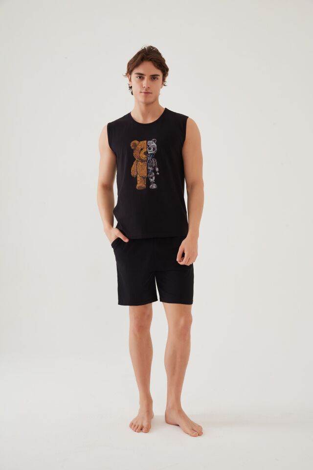 Erkek Pamuklu Sıfır Kollu Baskı Detaylı Şortlu Pijama Takımı Siyah - S