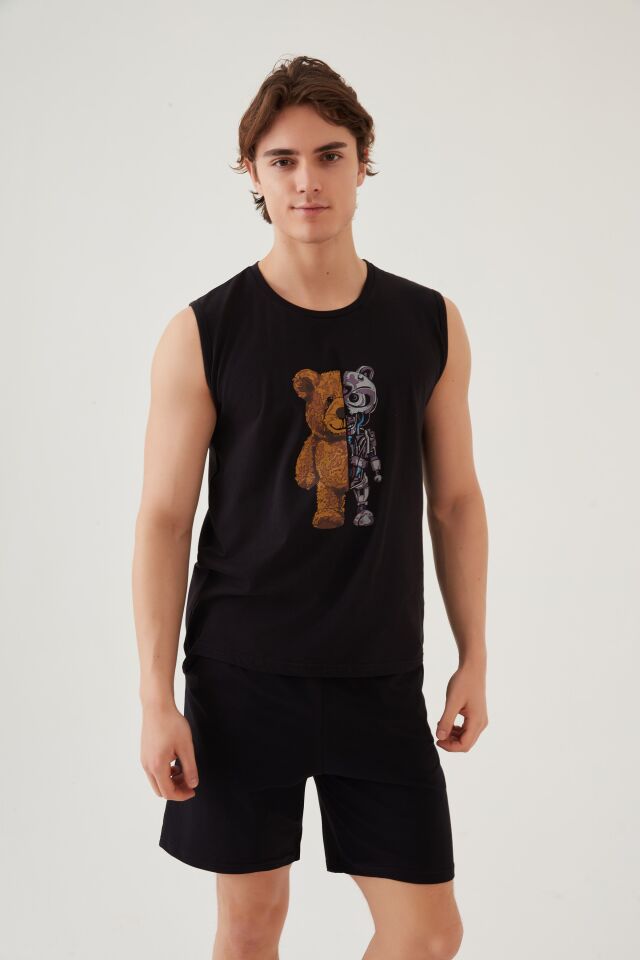 Erkek Pamuklu Sıfır Kollu Baskı Detaylı Şortlu Pijama Takımı Siyah - S