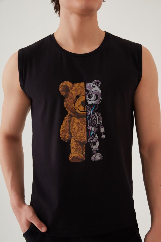 Erkek Pamuklu Sıfır Kollu Baskı Detaylı Şortlu Pijama Takımı Siyah - S