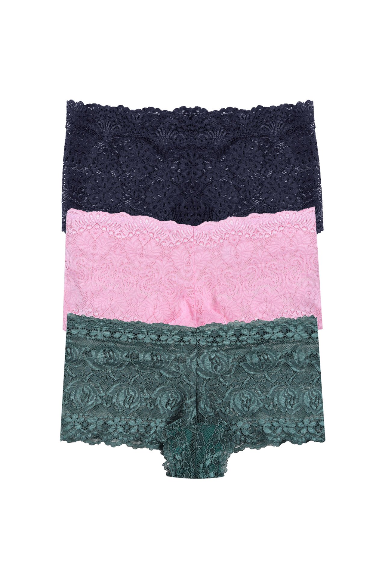 Kadın 3'lü Dantelli Boxer Külot (FARKLI DANTEL SEÇENEKLERİ) Yeşil - Pembe - L-XL