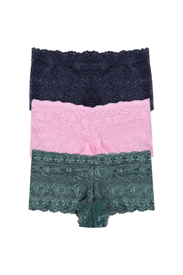 Kadın 3'lü Dantelli Boxer Külot (FARKLI DANTEL SEÇENEKLERİ) Yeşil - Pembe - L-XL