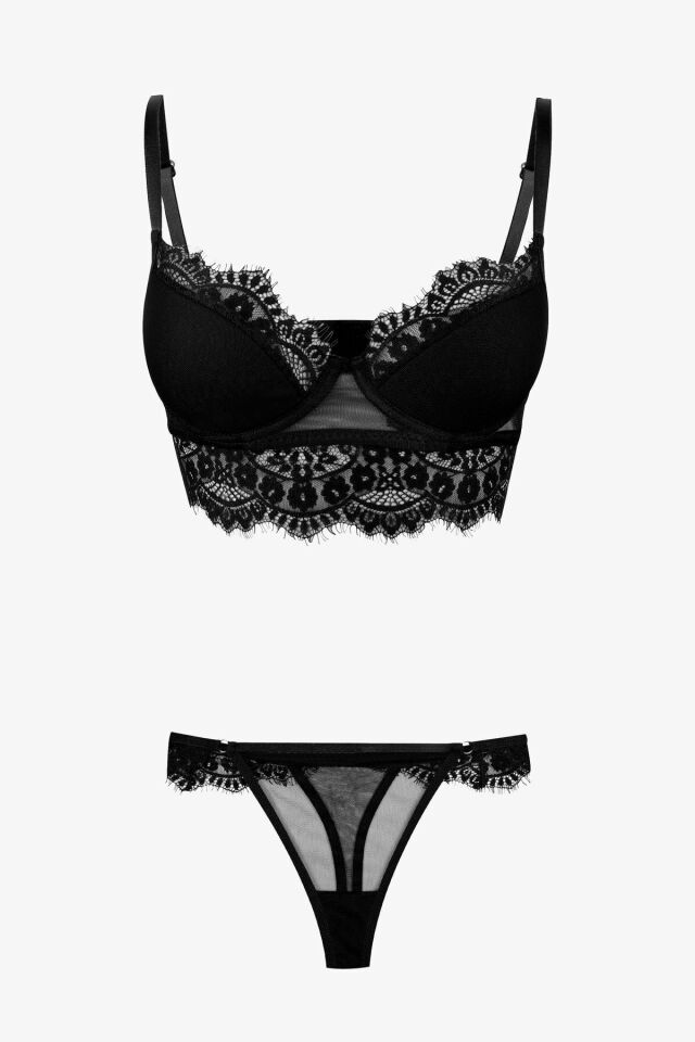 Dantelli Tüllü Sütyen Takım Siyah - 85B