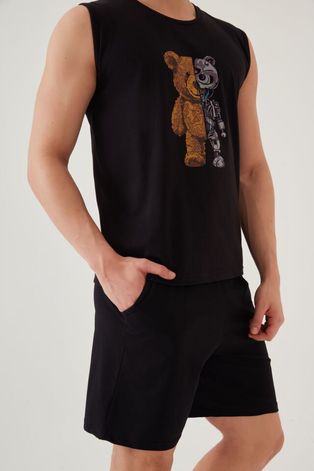 Erkek Pamuklu Sıfır Kollu Baskı Detaylı Şortlu Pijama Takımı Siyah - 2XL