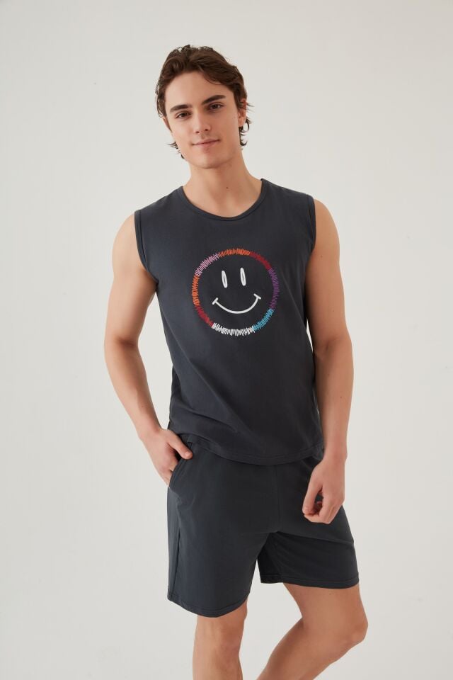 Erkek Pamuklu Sıfır Kollu Baskı Detaylı Şortlu Pijama Takımı Füme - S