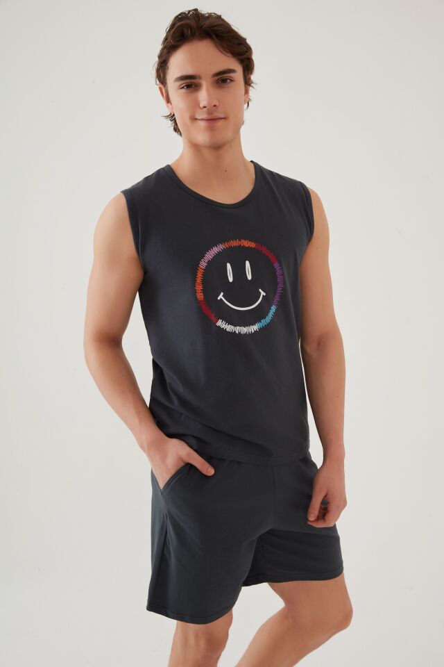 Erkek Pamuklu Sıfır Kollu Baskı Detaylı Şortlu Pijama Takımı Füme - S