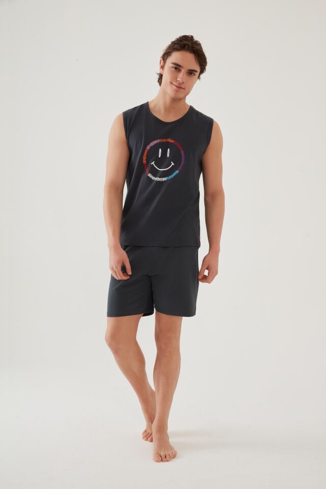 Erkek Pamuklu Sıfır Kollu Baskı Detaylı Şortlu Pijama Takımı Füme - S