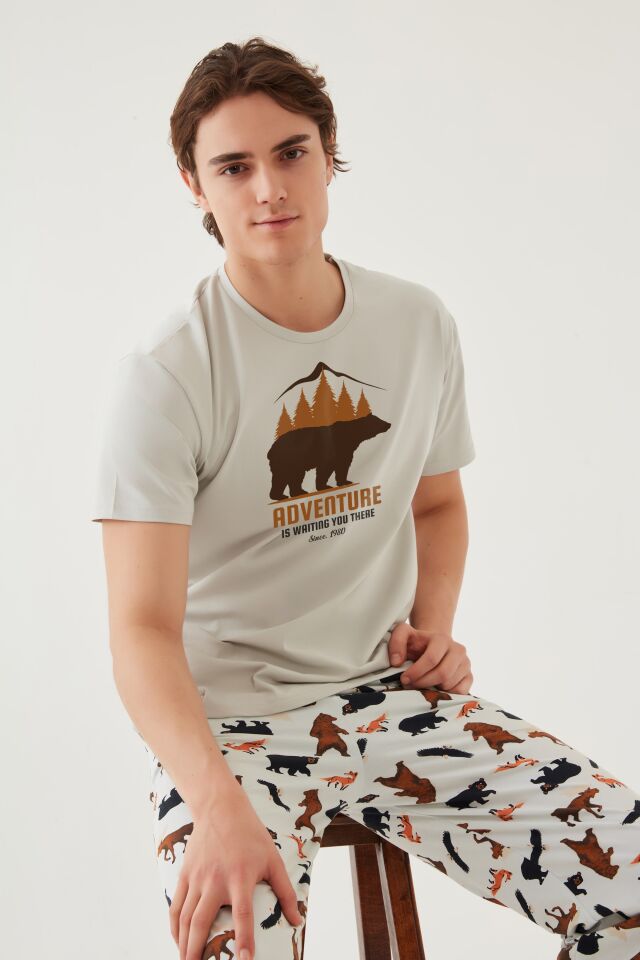 Erkek Kısa Kollu Pamuklu Ayıcık Desenli Pijama Takımı Ekru - Kahverengi - S