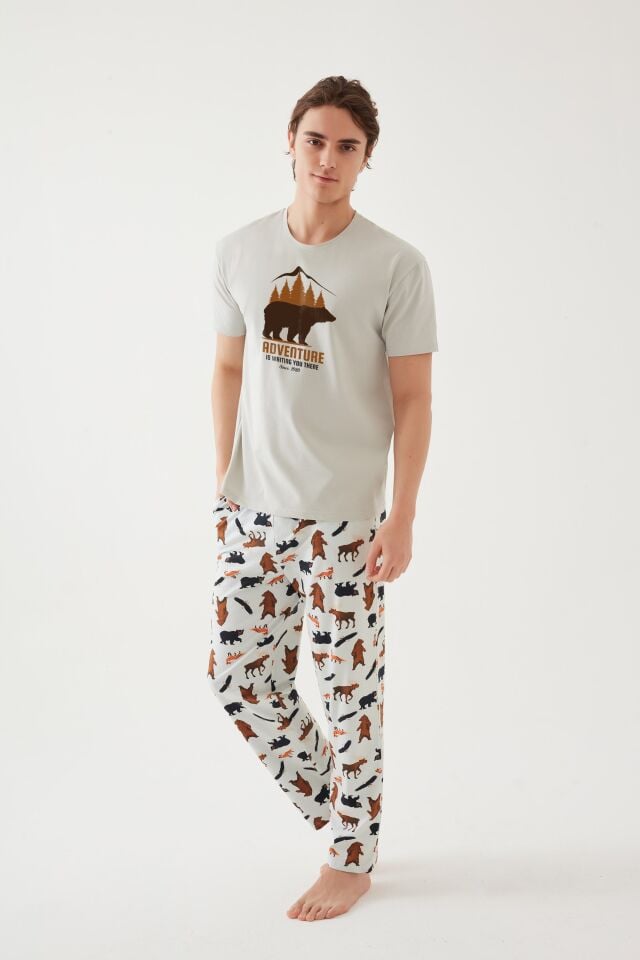 Erkek Kısa Kollu Pamuklu Ayıcık Desenli Pijama Takımı Ekru - Kahverengi - XL