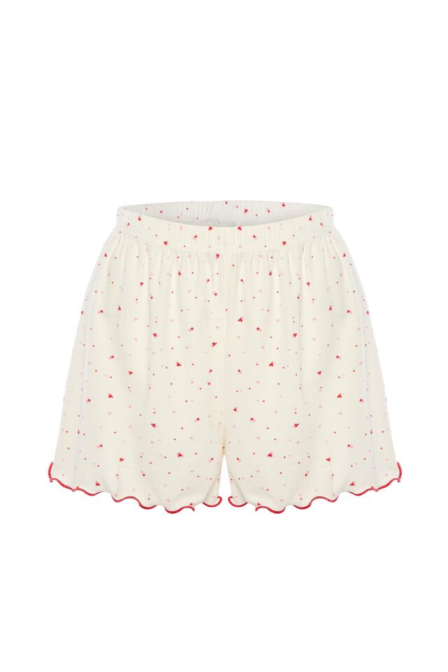 Sevgililer Günü Kadın Dantelli/Büzgülü Askılı Şortlu Pijama Takımı Kırmızı - Beyaz - L