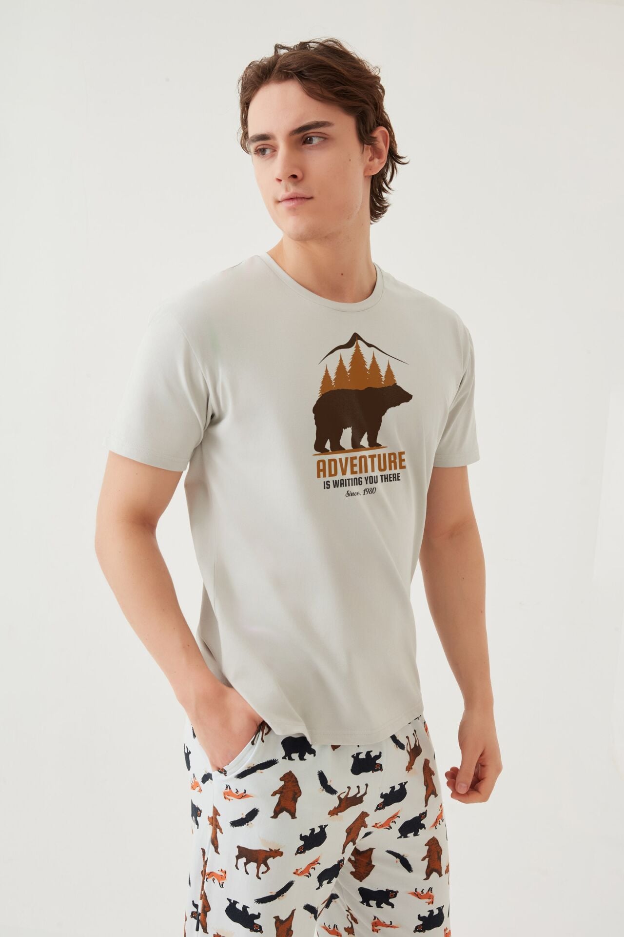 Erkek Kısa Kollu Pamuklu Ayıcık Desenli Pijama Takımı Ekru - Kahverengi - 2XL