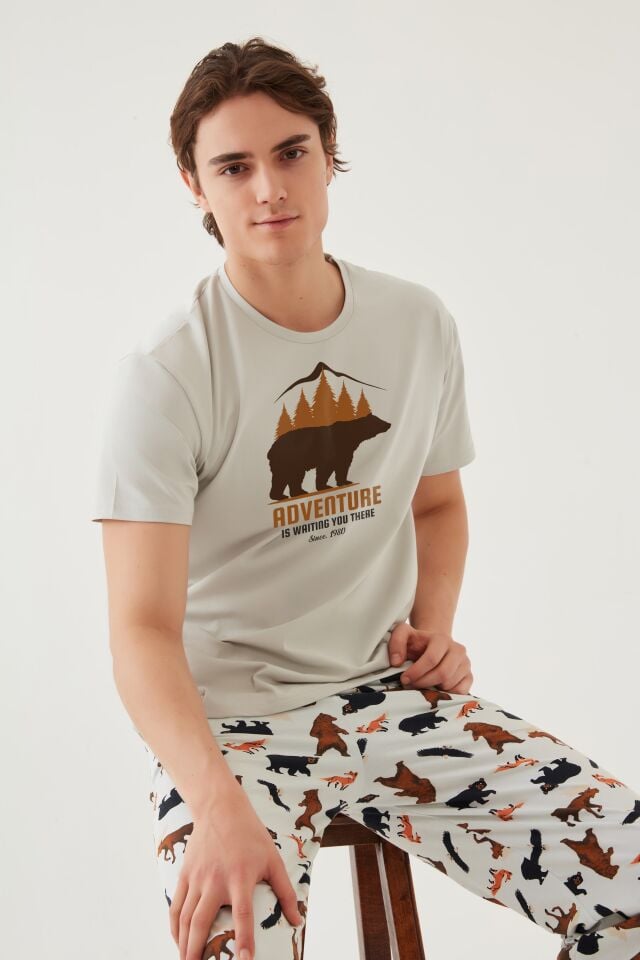 Erkek Kısa Kollu Pamuklu Ayıcık Desenli Pijama Takımı Ekru - Kahverengi - 2XL