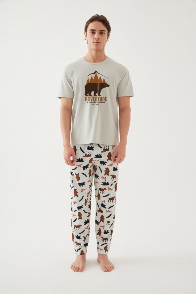 Erkek Kısa Kollu Pamuklu Ayıcık Desenli Pijama Takımı Ekru - Kahverengi - 2XL