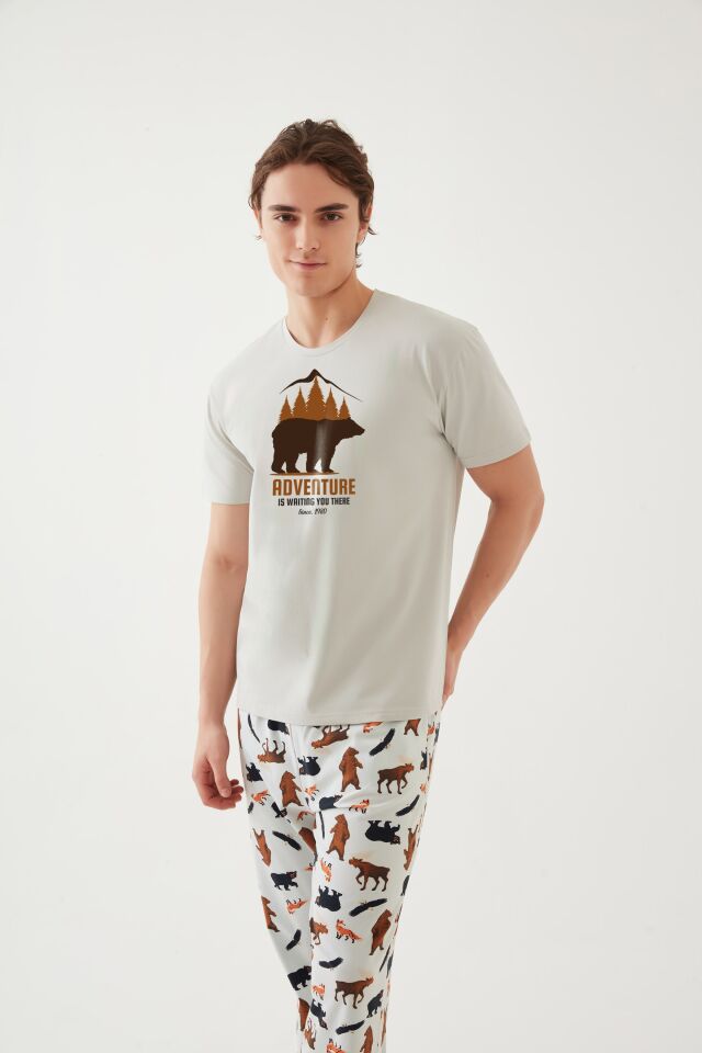 Erkek Kısa Kollu Pamuklu Ayıcık Desenli Pijama Takımı Ekru - Kahverengi - 2XL
