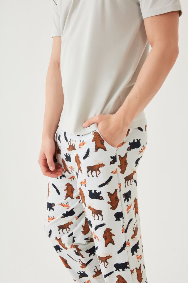 Erkek Kısa Kollu Pamuklu Ayıcık Desenli Pijama Takımı Ekru - Kahverengi - 2XL