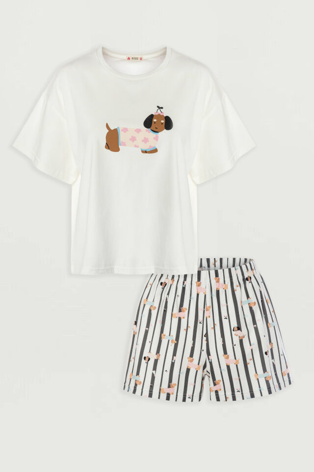 Kadın Pamuklu Kısa Kollu Pötikare Desenli Şortlu Pijama Takımı Siyah - Beyaz - XL