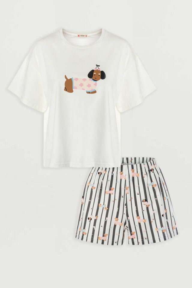 Kadın Pamuklu Kısa Kollu Pötikare Desenli Şortlu Pijama Takımı Siyah - Beyaz - XL