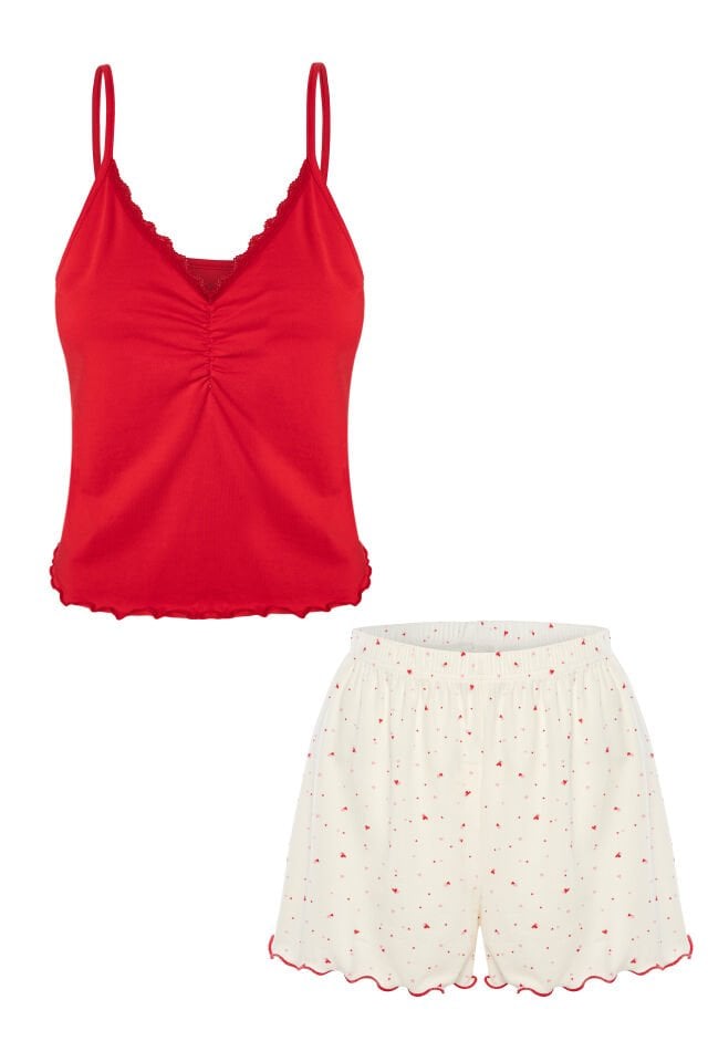 Kadın Dantelli/Büzgülü Askılı Şortlu Pijama Takımı Kırmızı - Beyaz - XL