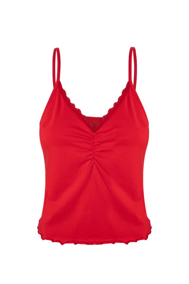 Sevgililer Günü Kadın Dantelli/Büzgülü Askılı Şortlu Pijama Takımı Kırmızı - Beyaz - XL