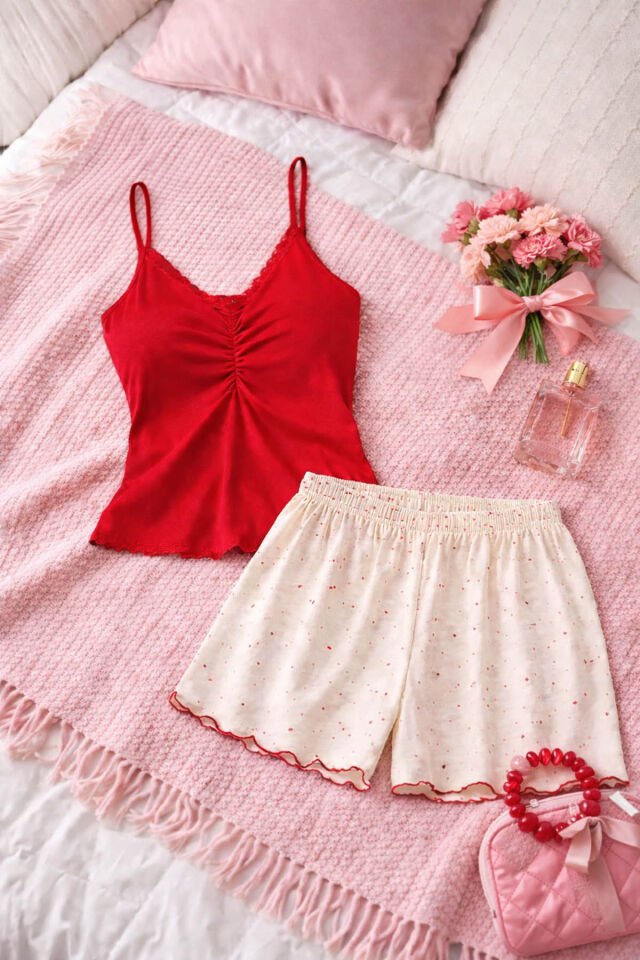 Kadın Dantelli/Büzgülü Askılı Şortlu Pijama Takımı Kırmızı - Beyaz - XL