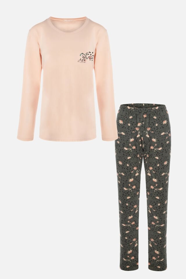 Kadın Pamuklu Çiçek Desenli Basic Pijama Takımı XL - Pudra - Siyah