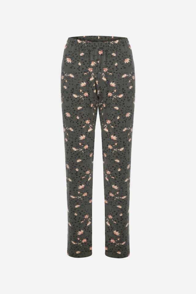 Kadın Pamuklu Çiçek Desenli Basic Pijama Takımı XL - Pudra - Siyah