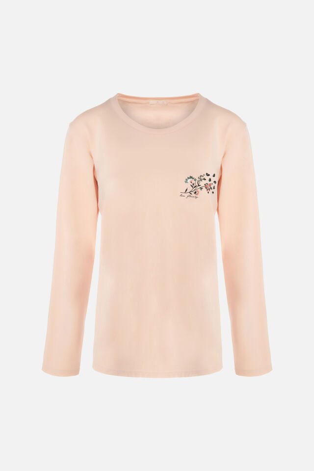 Kadın Pamuklu Çiçek Desenli Basic Pijama Takımı 2XL - Pudra - Siyah