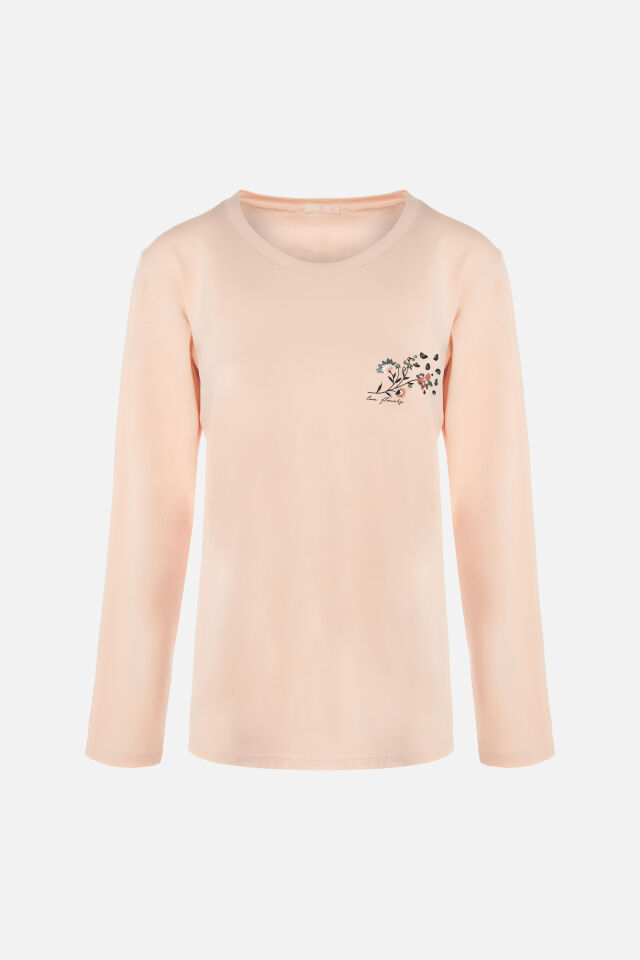 Kadın Pamuklu Çiçek Desenli Basic Pijama Takımı 2XL - Pudra - Siyah