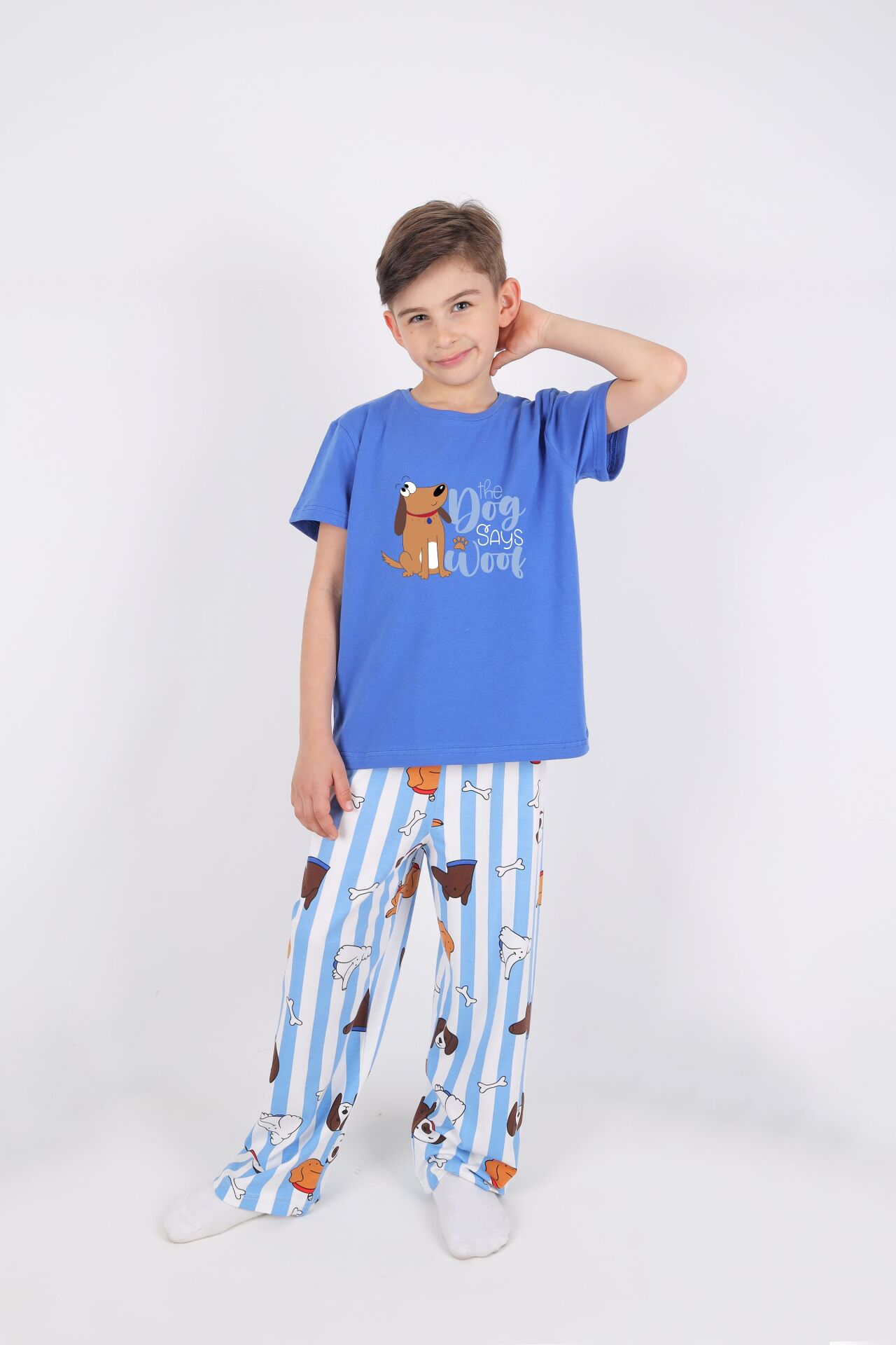 Erkek Çocuk Kısa Kollu Pamuklu Hayvan Desenli Pijama Takımı Mavi - Beyaz - 7-8 Yaş