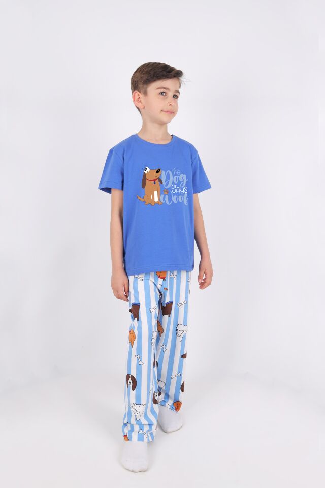 Erkek Çocuk Kısa Kollu Pamuklu Hayvan Desenli Pijama Takımı Mavi - Beyaz - 7-8 Yaş