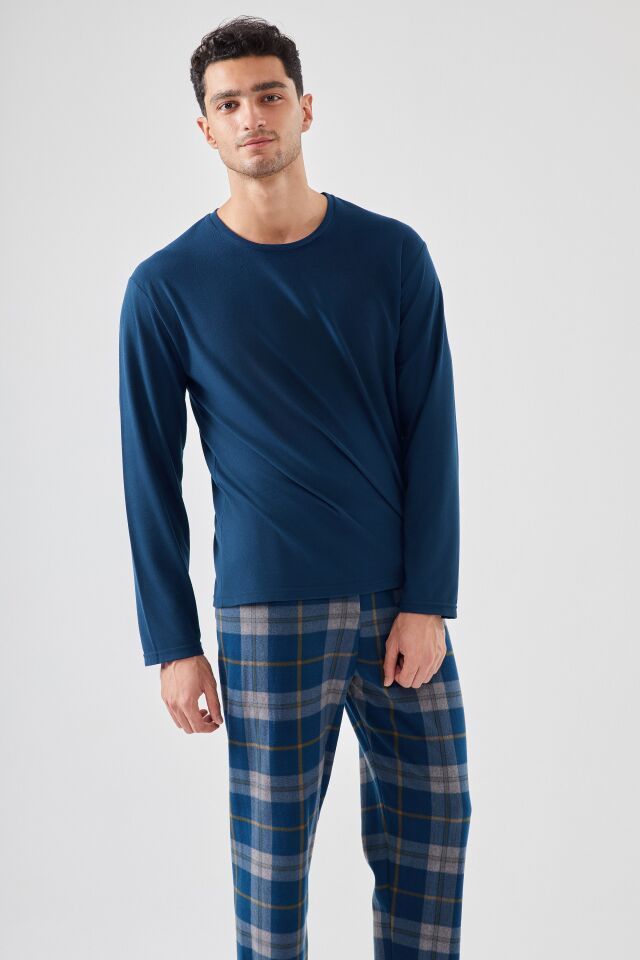 Erkek Yumuşak Dokulu Lacivert Ekose Desenli Pijama Takımı Lacivert - XL