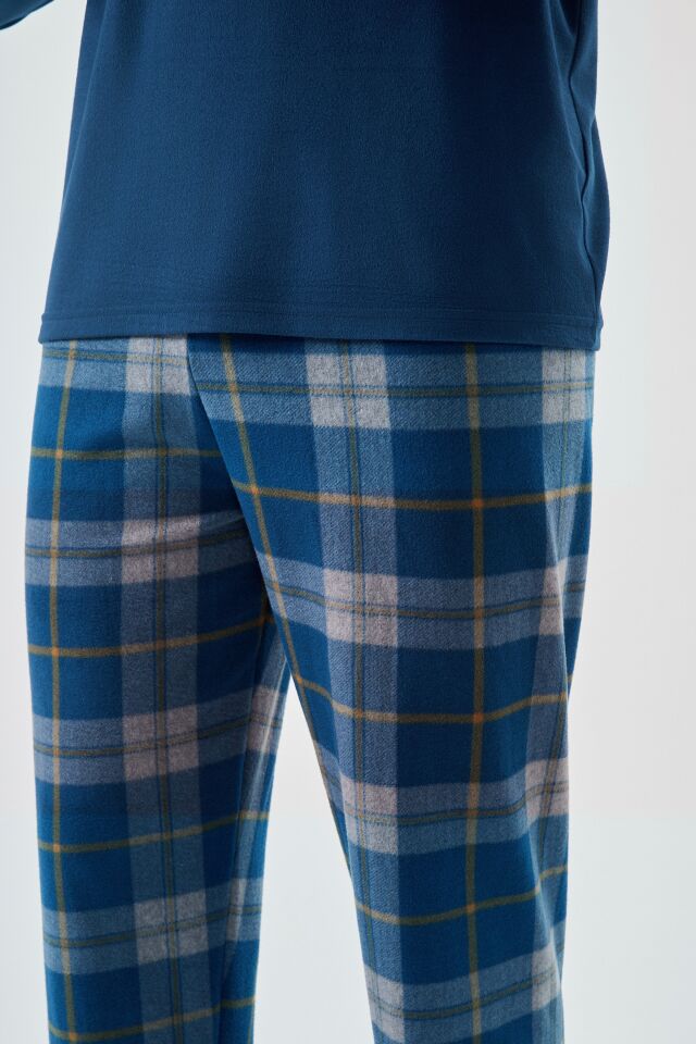 Erkek Yumuşak Dokulu Lacivert Ekose Desenli Pijama Takımı Lacivert - 2XL