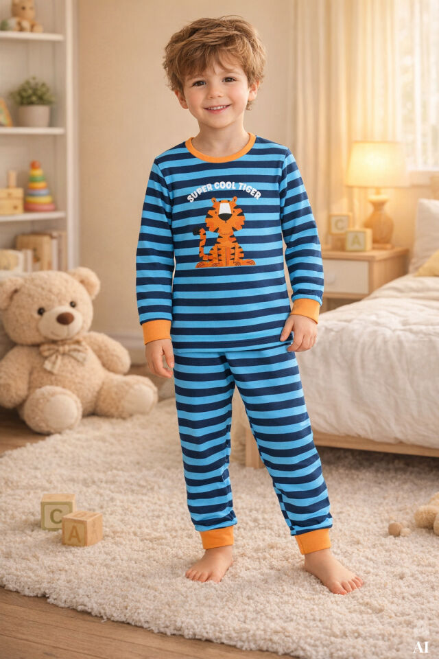 Erkek Çocuk Pamuklu Baskılı Uzun Kollu Uzun Alt Pijama Takımı Lacivert - Turuncu - 9-10 Yaş