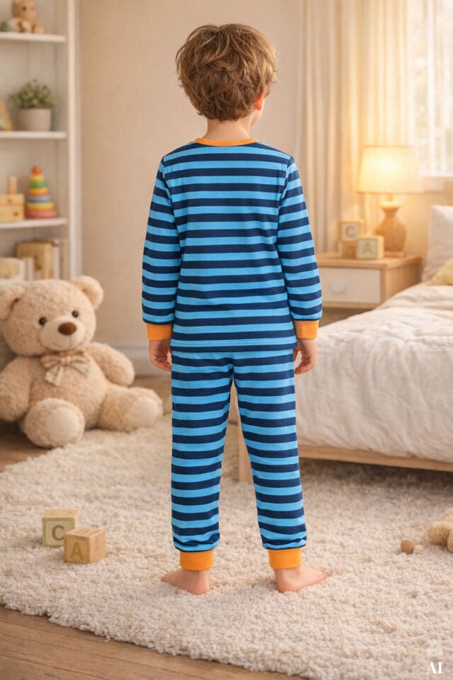 Erkek Çocuk Pamuklu Baskılı Uzun Kollu Uzun Alt Pijama Takımı Lacivert - Turuncu - 9-10 Yaş