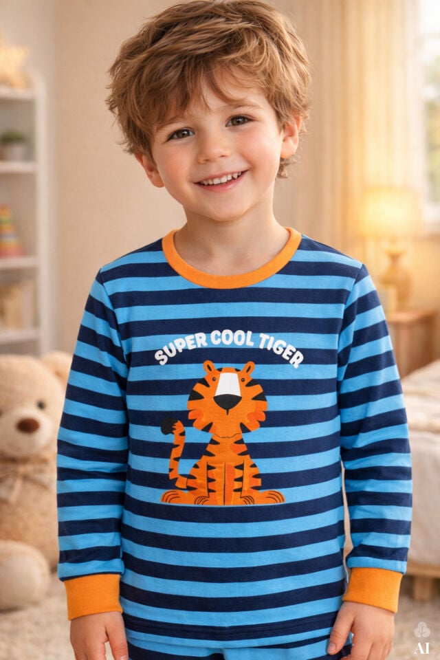 Erkek Çocuk Pamuklu Baskılı Uzun Kollu Uzun Alt Pijama Takımı Lacivert - Turuncu - 9-10 Yaş