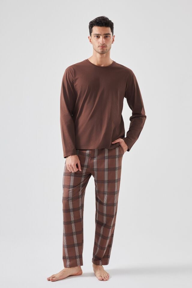 Erkek Pamuklu Uzun Kollu Ekose Desenli Pijama Takımı Kahverengi - M