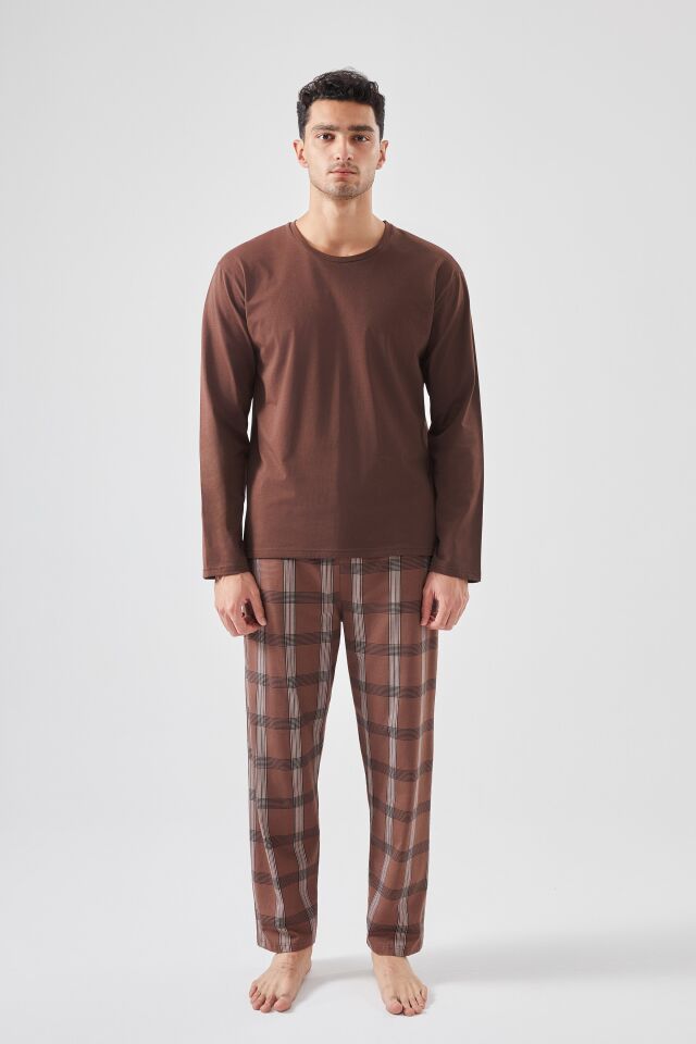 Erkek Pamuklu Uzun Kollu Ekose Desenli Pijama Takımı Kahverengi - M