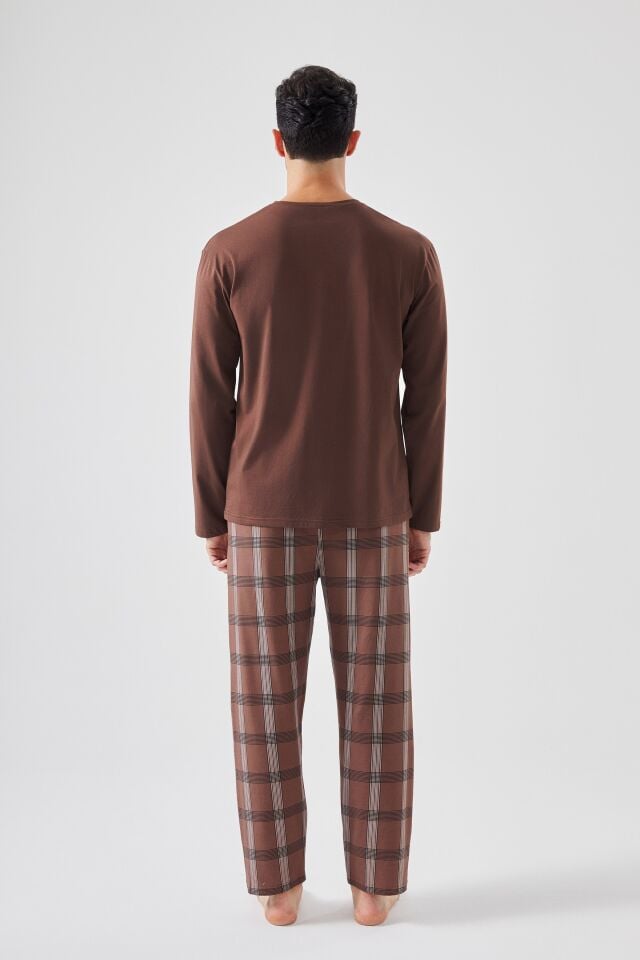 Erkek Pamuklu Uzun Kollu Ekose Desenli Pijama Takımı Kahverengi - M